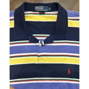 Ralph Lauren Polo Shirt Mens XL Yellow Navy Striped Pony Classic Made In USA
